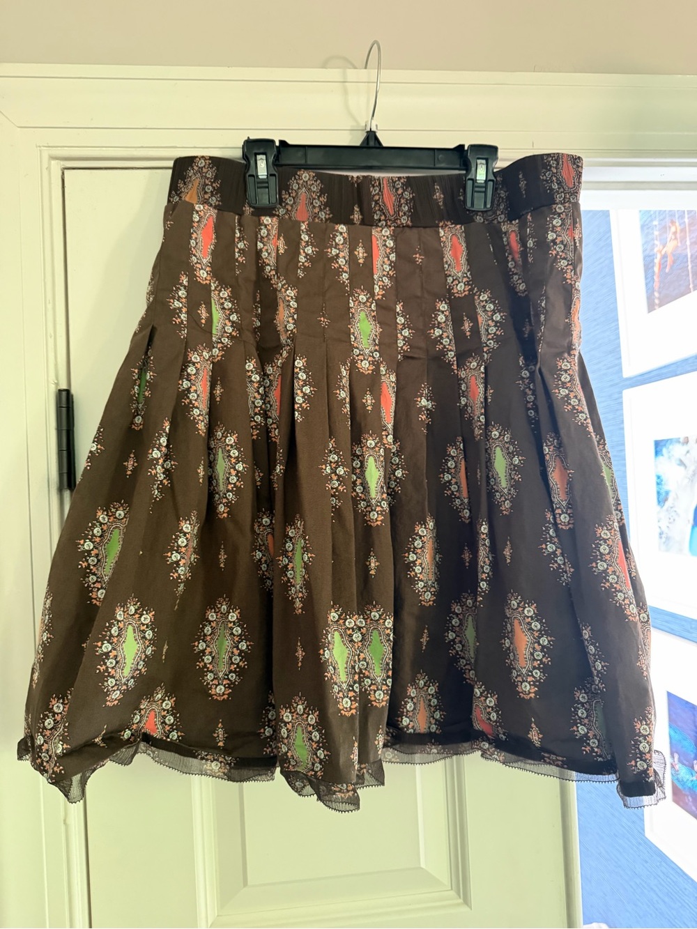 Gianni Bini Brown Floral Circle Skirt with Green & Coral Accents
